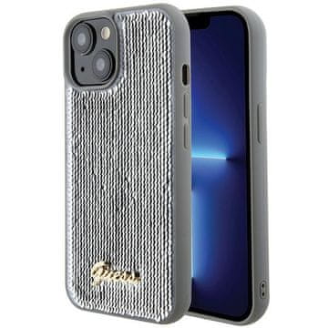 Guess Ovitek Sequin Script kovinsko srebrn za iPhone 15