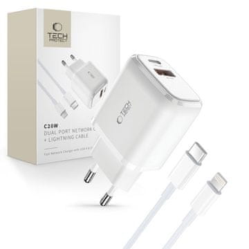 Tech-protect Tech-Protect C20W polnilnik USB-C PD 20W / USB-A QC 3.0 s kablom USB-C / Lightning - bel