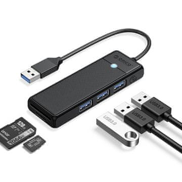 Orico Orico PAPW3AT-U3 USB Hub, 4-port, 3x USB-A 3.0, bralnik kartic microSD/SD, 1 m, črn