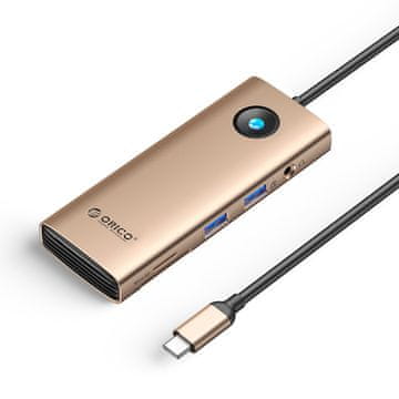 Orico Orico PW11 USB-C Docking Station, 8v1, 2x USB-A 3.0, PD 100W, HDMI 4K@60Hz, microSD/SD, RJ45, Avdio 3.5mm, rožnato zlata
