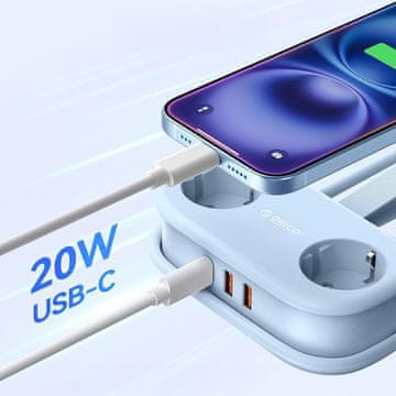 Orico Orico AP3 razdelilnik 20W GaN, 2x AC + 2x USB-A + 1x USB-C - modri
