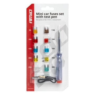 slomart Set mini avtomobilskih varovalk 10 kos. + merilnik napetosti AMiO