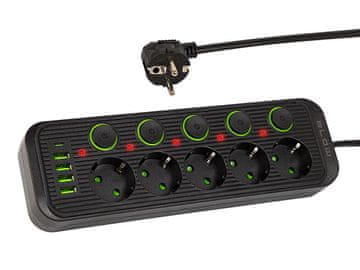 slomart Blow Podaljšek PS-530S, 5 vtičnic + 4xUSB + 1xUSB-C, 3m, črn