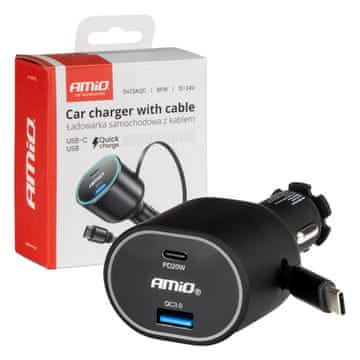 slomart Avto polnilnik AMiO 50W, PD30W+PD20W+QC3.0, USB-C, USB-A, zvit kabel
