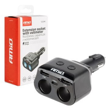slomart AMiO Razdelilnik vžigalnika 2x USB, 1x USB-C, 12/24V, z volmetrom, 200W