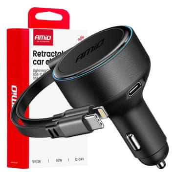 slomart AMiO avto polnilec s kablom USB-C + Lightning, do 60W PD