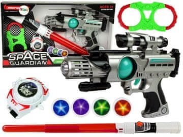 slomart Komplet vesoljski bojevnik LEAN TOYS: laserski pištola, svetleči meč, lisice, izstreljevalec ploščic