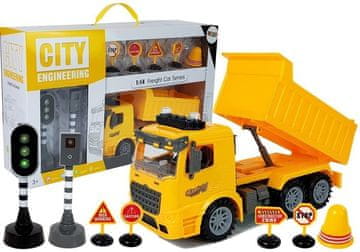 slomart Gradbeni tovornjak LEAN TOYS 1:14, prometni znaki, semafor, radar