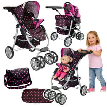slomart Lean Toys 7706 Voziček za punčke 2v1 s torbo, črno-roza
