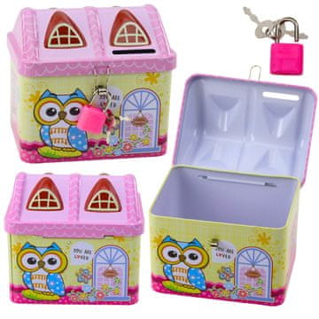 slomart Kovinska hranilnica LEAN TOYS, hiška, sova, ključavnica, roza