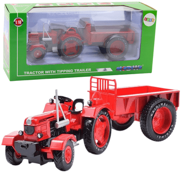 Kovinski kmetijski traktor s prikolico rdeče barve 1:18