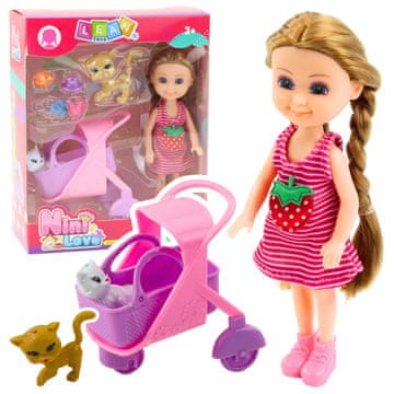 slomart Mini lutka LEAN TOYS z dodatki, voziček, mucki, roza set