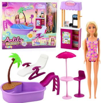 slomart Komplet lutka Anlily na plaži, bazen, palma, stojalo za pijače