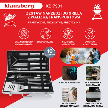 slomart Set za žar Klausberg KB-7901, 10 elementov v kovčku, nerjavno jeklo