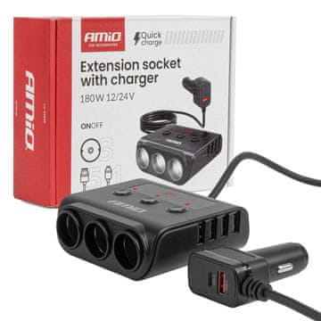 slomart AMiO Razdelilnik vžigalnika s polnilnikom 4x USB-A QC3.0 PD3.0 180W