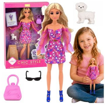 slomart Lutka Anlily Fashion v roza obleki s psičkom, torbico in očali
