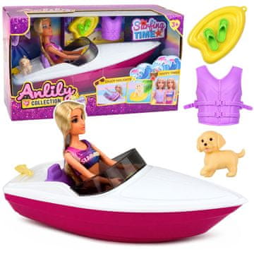 slomart LEAN TOYS Lutka Anlily v motorni čoln z psičkom in dodatki