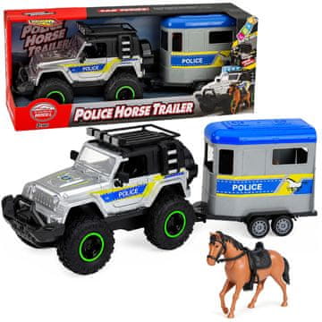 slomart Policijski set: terenski avto, prikolica za konja, luči, zvoki, LEAN TOYS