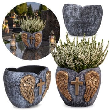 GARDEN LINE CEMENTNI nagrobni lonec, temno sivo srce s krili, DEKORACIJA za grob, OBLOGA 20x15x16,5 cm