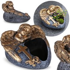 GARDEN LINE CEMENTNI nagrobni lonec, sivo srce Z ANGELOM, DEKORACIJA za grob, OBLOGA 16x17,5x11 cm
