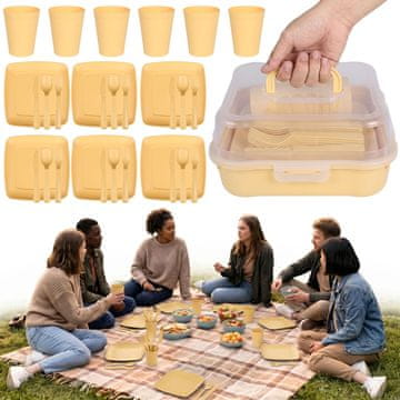 GARDEN LINE Rumeni PIKNIK set, KOMPLET potovalne posode v posodi - 32 elementi