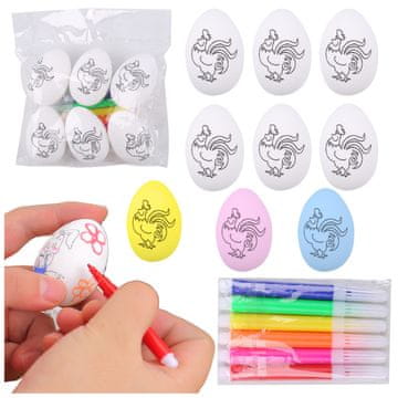 slomart LEAN TOYS Velikonočna jajca iz stiropora za barvanje s petelinom, 6 kosov + flomastri