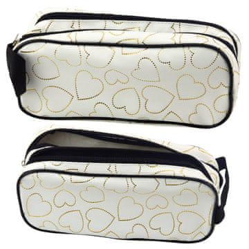 slomart LEAN dvokomorni etui za peresnico/pisalne potrebščine, bela z zlatimi srčki, 23,5x10 cm