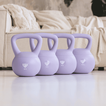 shumee Komplet 4 mehkih kettlebellov - vijolične barve (4 kg, 6 kg, 8 kg, 10 kg)