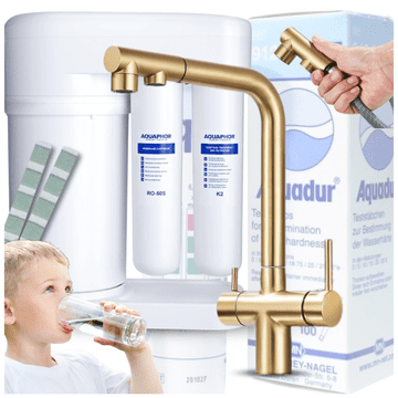 shumee Komplet filtrov za pitno vodo Aquaphor Morion 101S RO + trosmerna zlata kuhinjska pipa