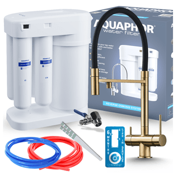 shumee Filter za pitno vodo Aquaphor Morion 101S RO + komplet kuhinjske pipe HighFlex s tremi smermi - brušeno zlato