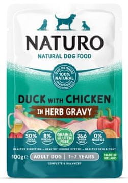 Naturo Naturo | Brez žitaric in glutena | Vrečka za pse 100 g - Raca in piščanec v omaki 100 g