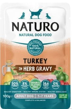 Naturo Naturo | Brez žitaric in glutena | Vrečka za pse 100 g - Puran v omaki 100 g