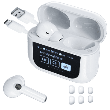shumee Slušalke Hell Sound Pro bele TWS z zaslonom na dotik, ANC odpravljanjem šumov, mikrofonom in polnilnim etuijem USB-C