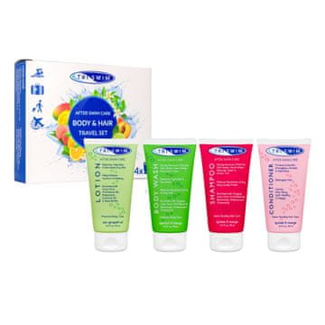 shumee Potovalni komplet Triswim za po bazenu: 90 ml šampona + 90 ml balzama za lase + 90 ml gela za prhanje + 90 ml losjona za telo