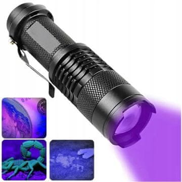 aptel Taktična LED svetilka z zoomom, UV dioda, jantarna, tester bankovcev, odporna