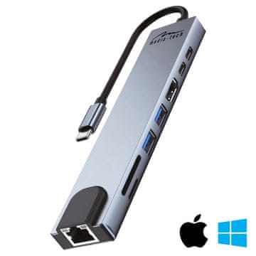 Media-Tech 8-v-1 giga LAN HUB - priklopna postaja USB-C. Vrata: 1xRJ45 (1000 Mbps), 1xUSB-A 3.0, 1xUSB-A 2.0, 1 x USB-C PD 20V@5A maks. 100W, HDMI 4K, SD, microSD