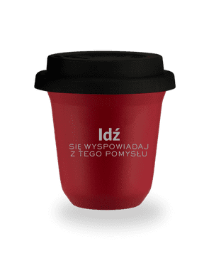 shumee 150 ml rdeč vrček "Go conflict this idea", s črnim pokrovom