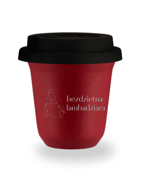 shumee 150 ml rdeč vrček "Childless Labadziara", s črnim pokrovom