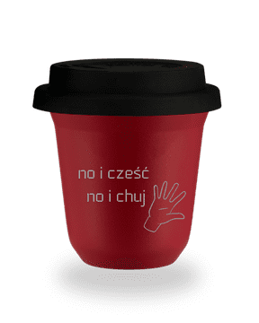 shumee 240 ml rdeč vrček "Hej, hej, hej, hej" s črnim pokrovom