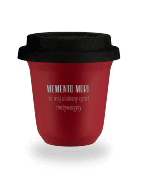 shumee 240 ml rdeč vrček "Memento mori - to je moj najljubši motivacijski citat", s črnim pokrovom