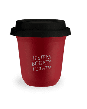 shumee 240 ml rdeč vrček "I'm rich and washed" s črnim pokrovom