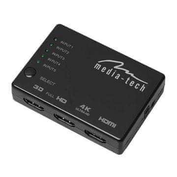 Media-Tech 5xHDMI stikalo 4K - 5-portno HDMI stikalo, daljinski upravljalnik, podpora za ločljivost 4K
