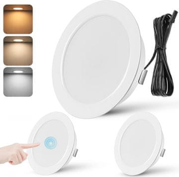 Nikcorp Vgradne LED stropne luči URing 12V 3W, komplet 3 kosov, ploščate, upravljanje na dotik, nastavljiva barva svetlobe 3000K-6000K in zatemnitev, premer 65 mm, za avtodome, pohištvo in kuhinje, bela barva
