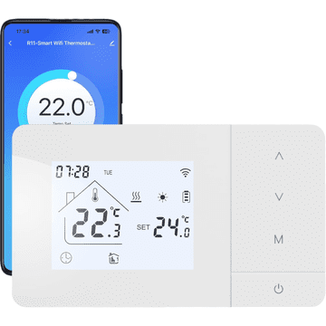 Nikcorp Brezžični pametni sobni termostat Beok za plinski kotel, Wi-Fi 2.4 GHz, aplikacija Tuya Smart, glasovno upravljanje Alexa Google Home, 7-dnevni programator, 6 intervalov, baterijsko napajanje, bel
