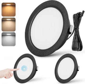 Nikcorp Vgradni LED reflektorji URing, komplet 3 kosi, 12 V, premer 6,5 cm, črni, na dotik, nastavljiva barva svetlobe 3000 K-6000 K, zatemnitev 10-100 %, za pohištvo, strop, avtodome in plovila, 3 W