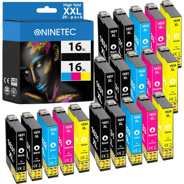 Nikcorp Nadomestne kartuše NINETEC 16XL za Epson WorkForce WF-2010/2510/2630WF, komplet 20 kosov, visoka kapaciteta, 8x črna, 4x cian, 4x magenta, 4x rumena, skupno do 8200 strani, vrhunska kakovost tiska