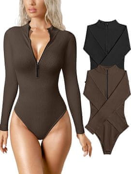 Nikcorp Ženski kombinezon body 2 kom S rebrast jednodijelni slim-fit crni i čokoladno smeđi dugi rukav podesivi prednji patent zatvarač, zatvaranje na napike u međunožju