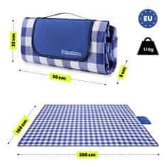 HyperMotion Plažna piknik odeja 150 x 200 cm z vodoodpornim dnom - tkanina Oxford s prevleko PVC, zložena 30 x 22 x 5 cm, za 2–4 osebe