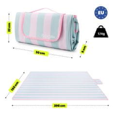 HyperMotion Plažna piknik odeja 150 x 200 cm z rožnato-zelenimi črtami - vodoodporno dno iz PVC, zložena meri 30 x 22 x 5 cm, vgrajen trakast ročaj