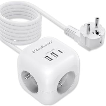 Qoltec Qoltec 525471 napajalna kocka 6v1, 3x AC, 2x USB, 1x USB-C PD 20W, bela, 2m kabel
